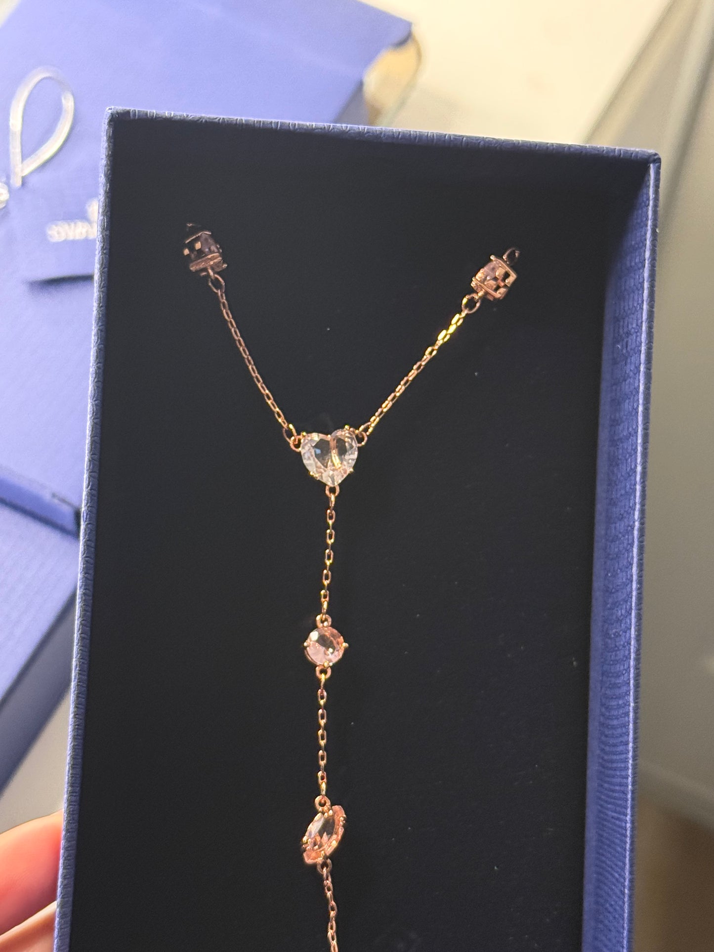 Rose gold rosary necklace with champagne stones with box included