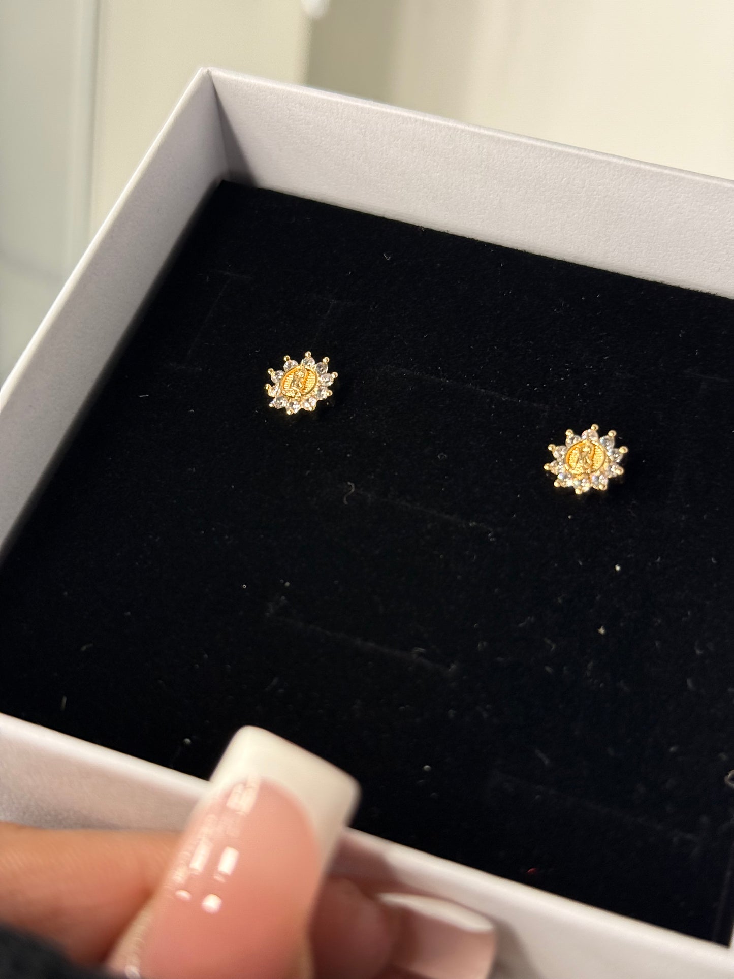 Gold plated, mini Virgin Mary earrings