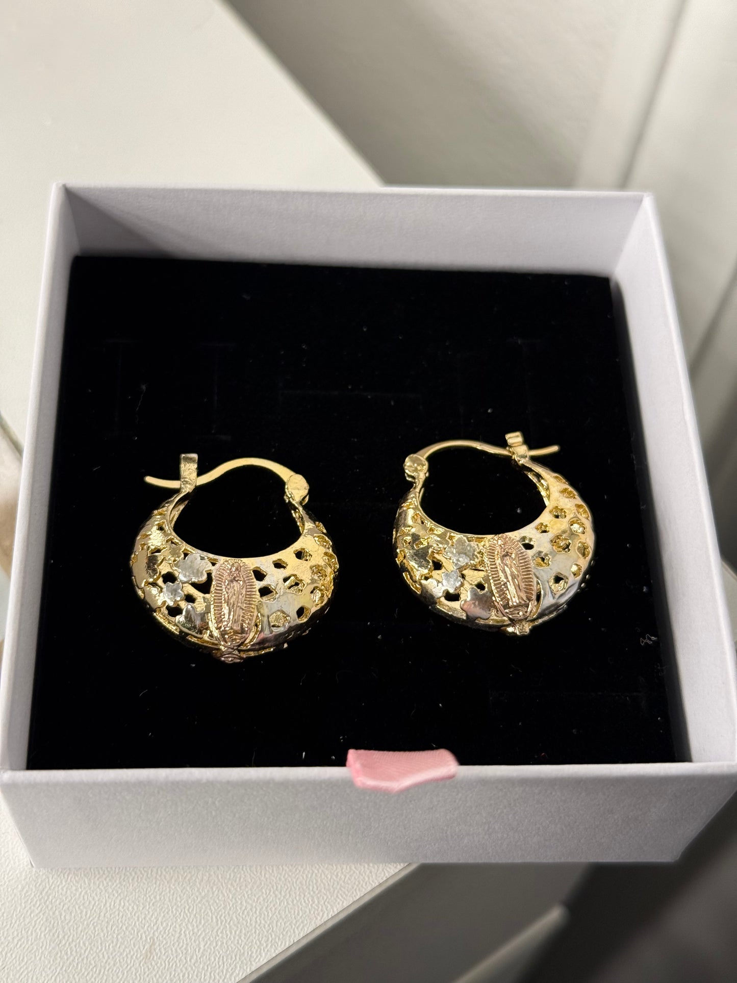 Small gold plated, Virgin Mary hoop earrings