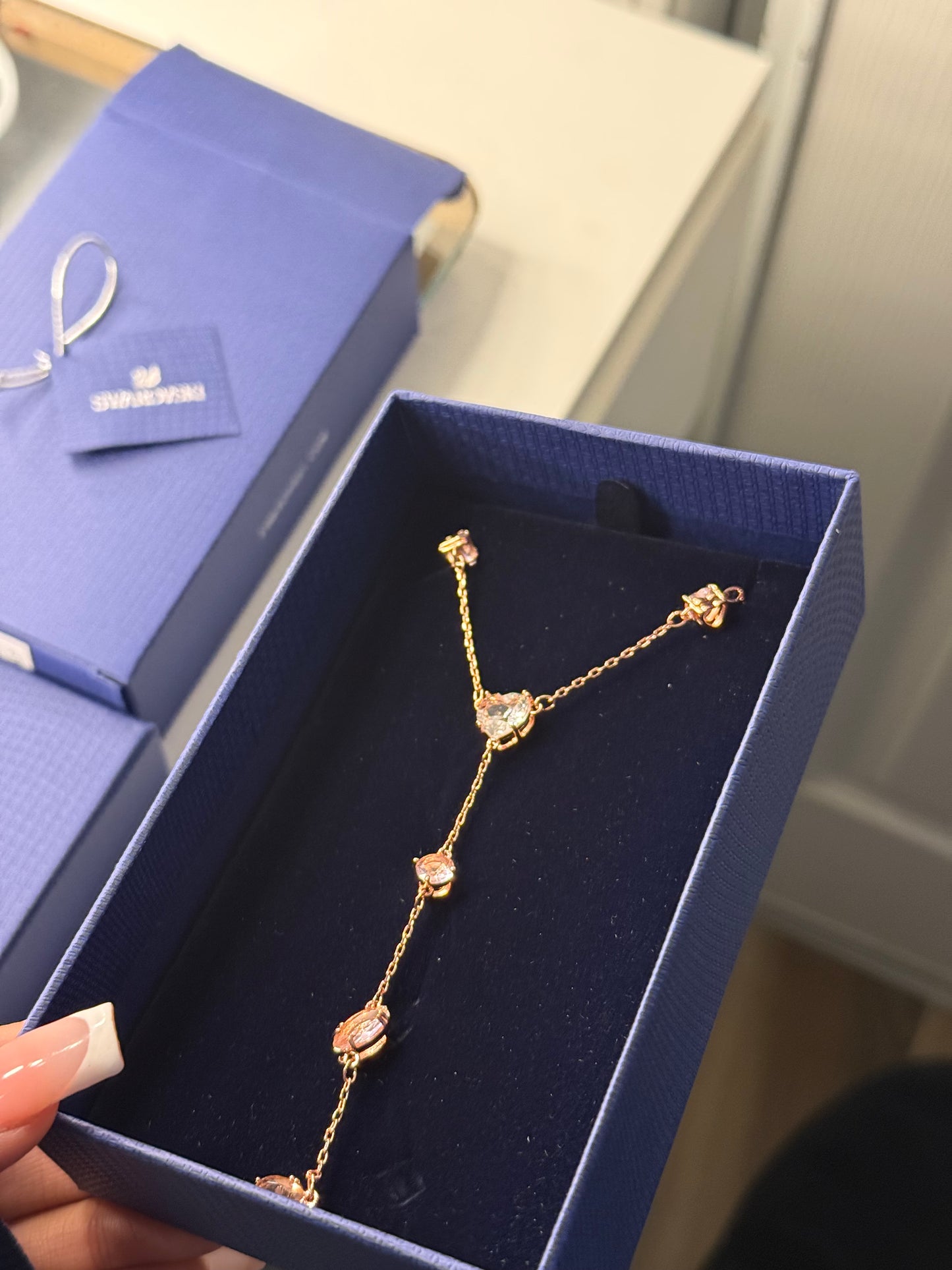 Rose gold rosary necklace with champagne stones with box included