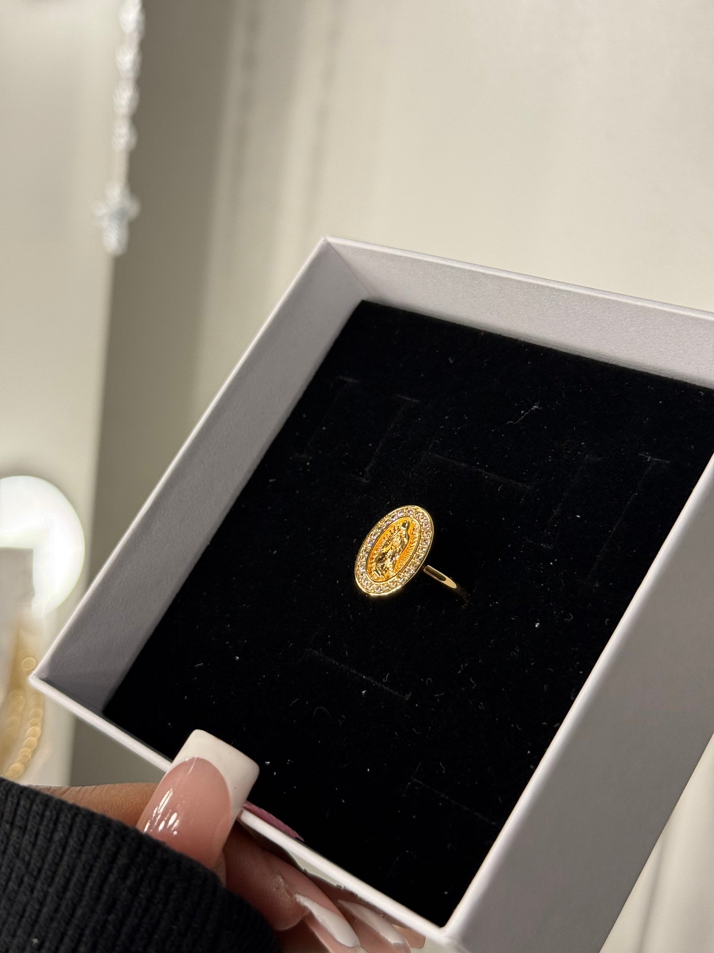 Adjustable Virgin Mary gold plated ring