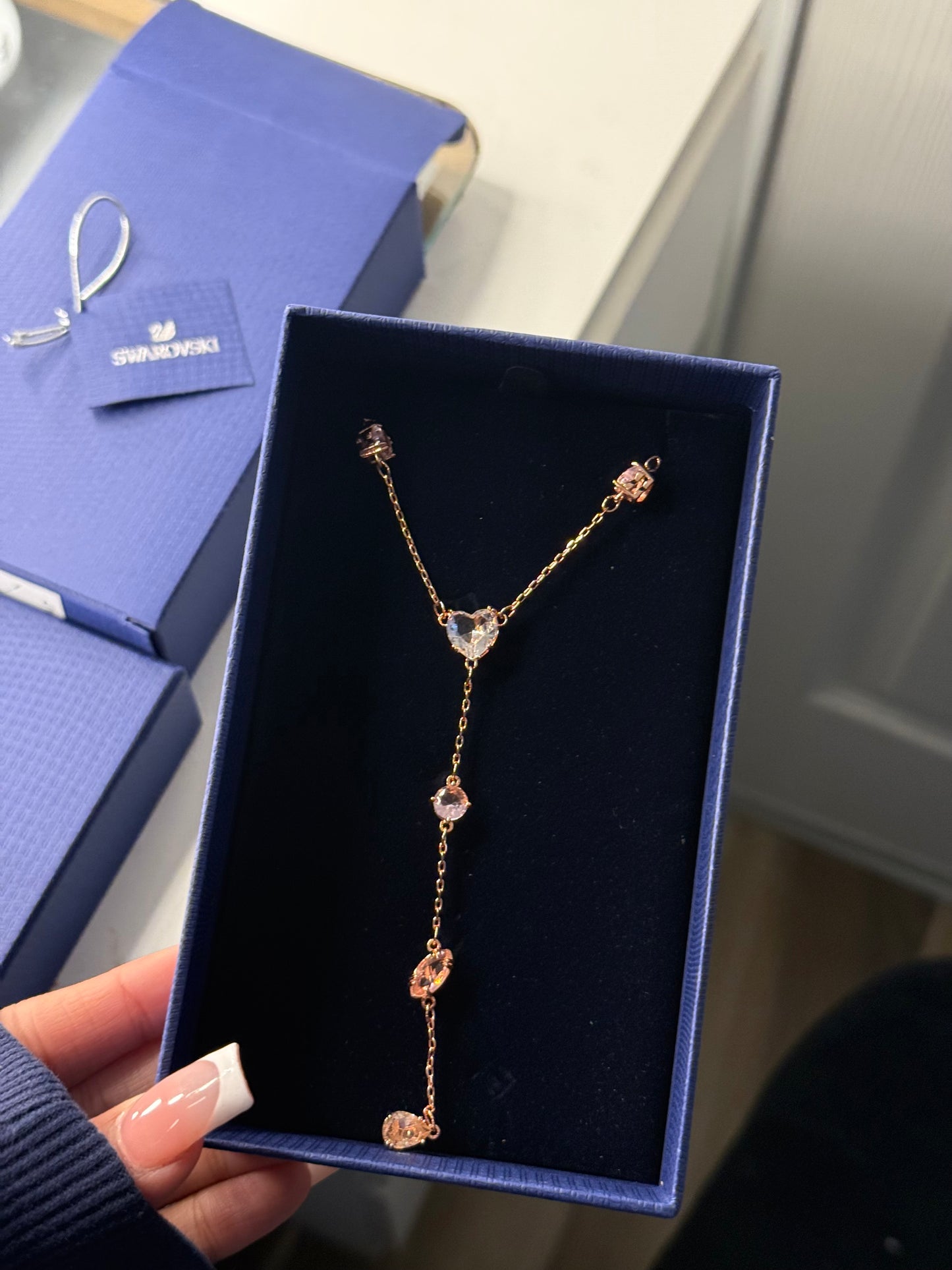 Rose gold rosary necklace with champagne stones with box included