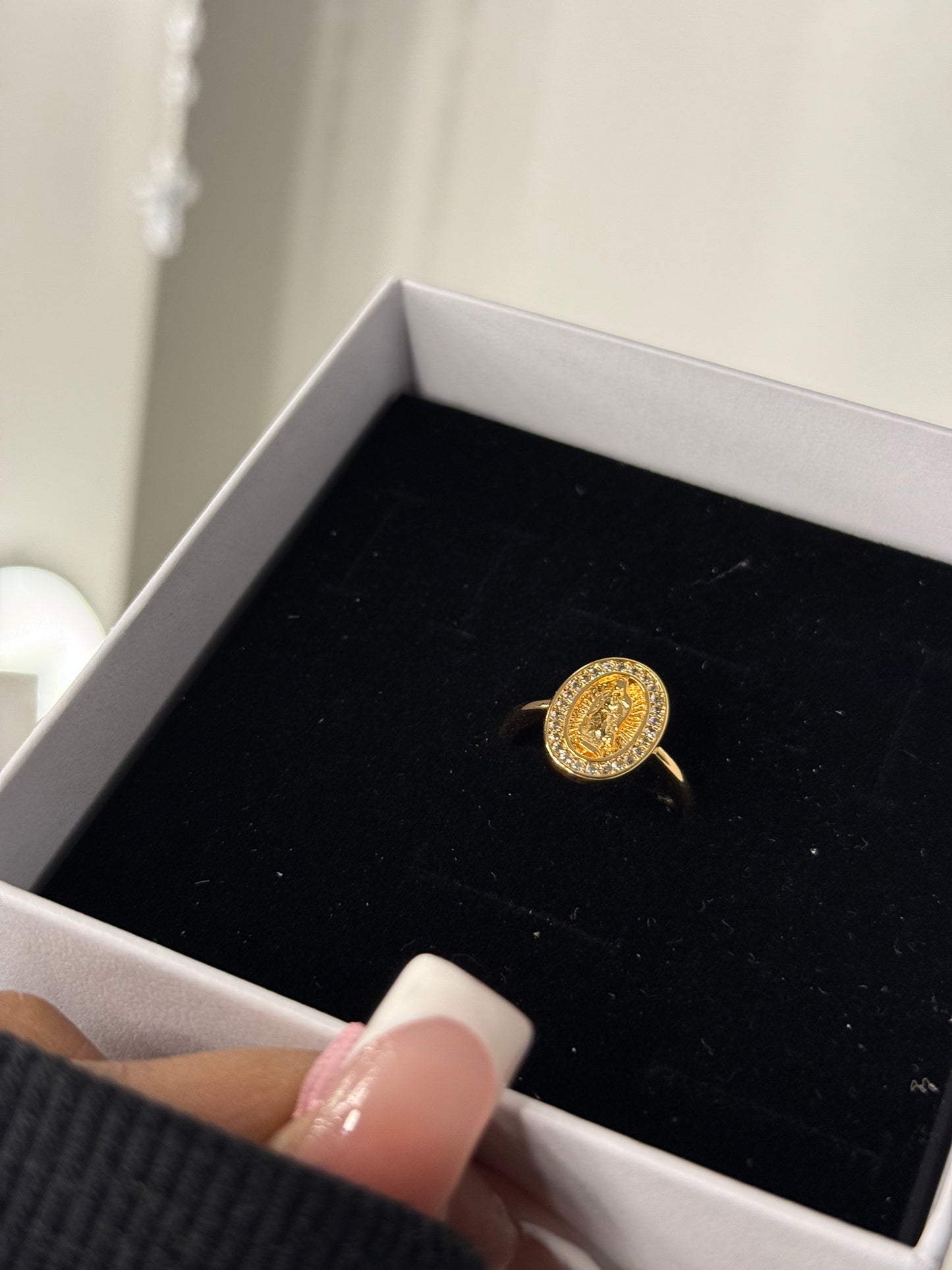Adjustable Virgin Mary gold plated ring