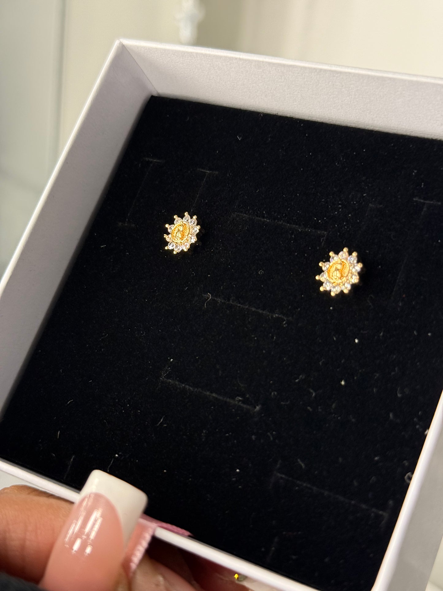 Gold plated, mini Virgin Mary earrings