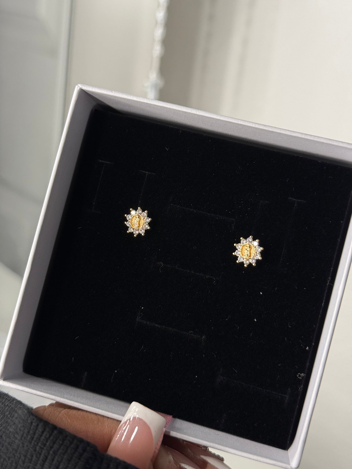 Gold plated, mini Virgin Mary earrings