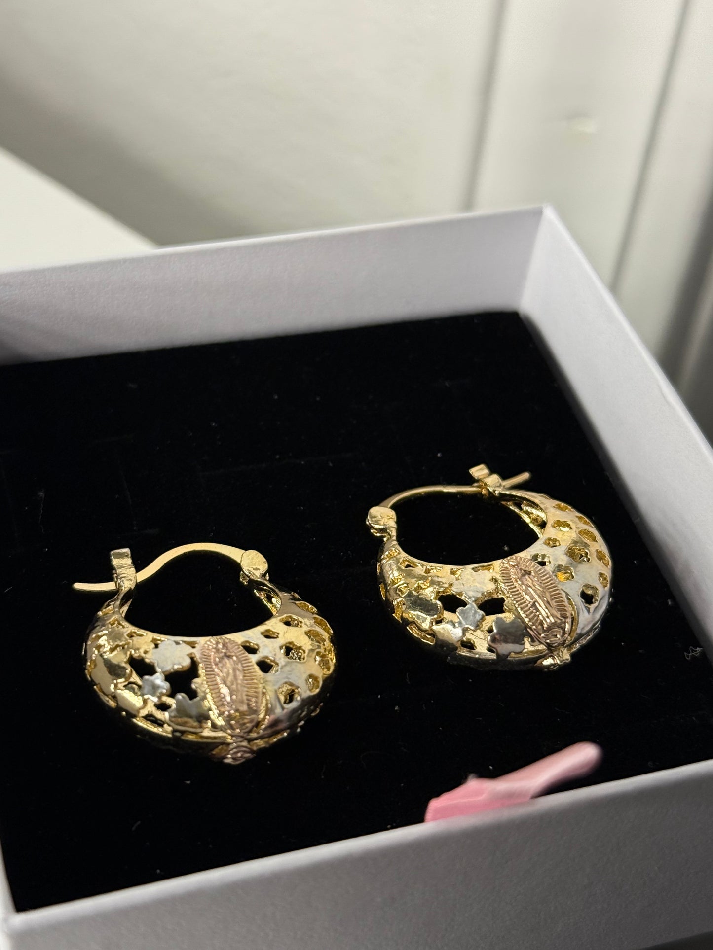 Small gold plated, Virgin Mary hoop earrings