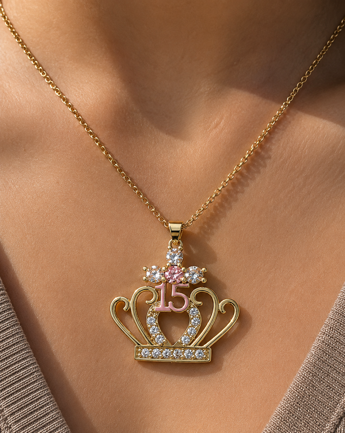 Pink toned Quinceañera xv pendant with necklace