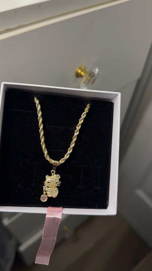 HK pink stone pendant with rope chain