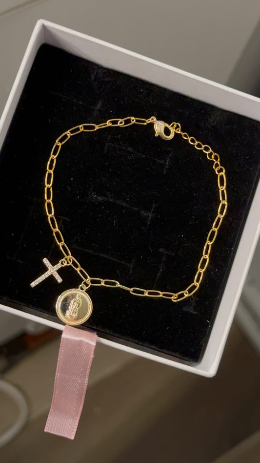 18k gold plated Virgin Mary & cross bracelet
