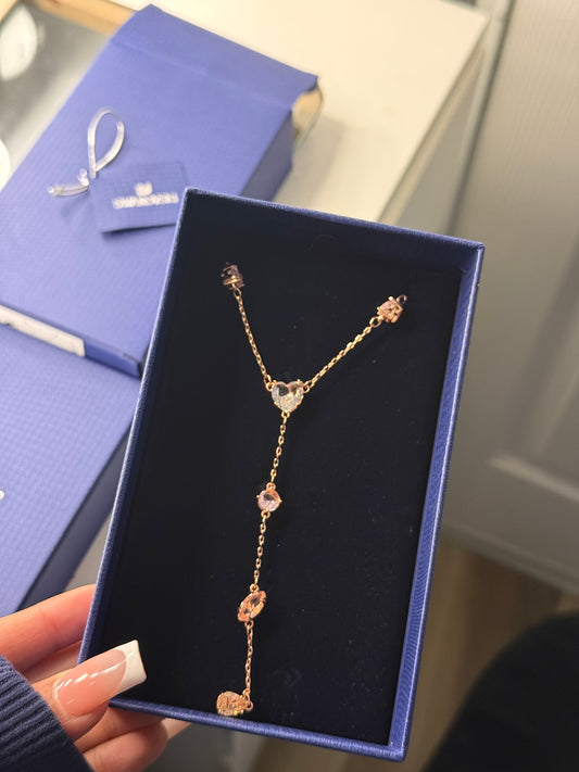 Rose gold rosary necklace with champagne stones with box included