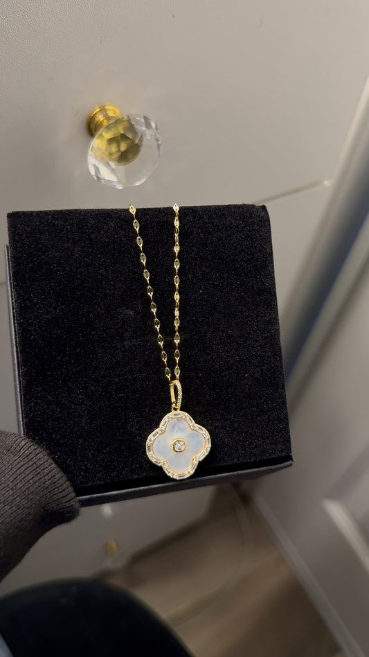 Genuine mother of pearl clover pendant with sterling silver necklace